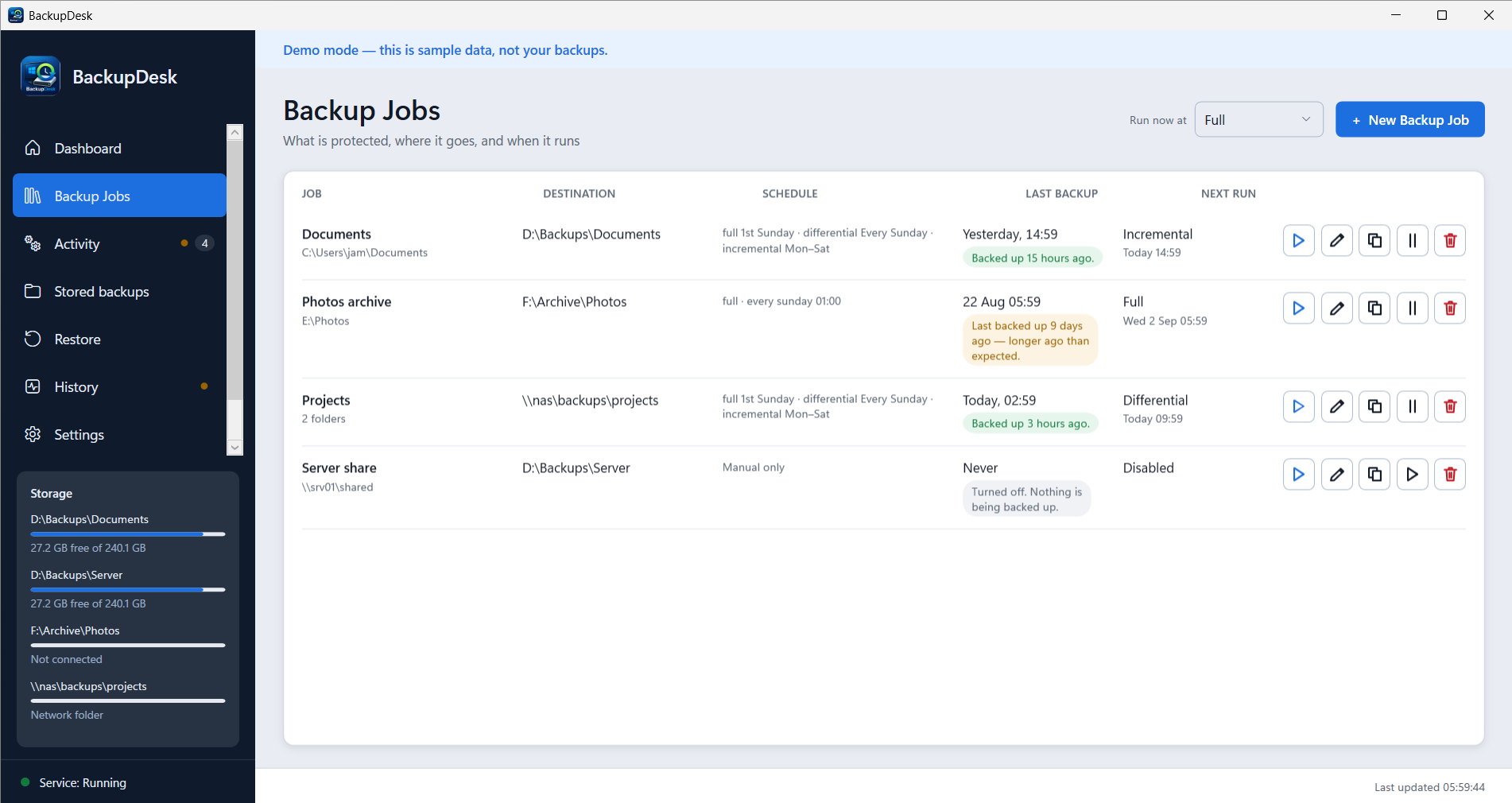 The Backup Jobs list showing each job with its destination, schedule, last backup and next run