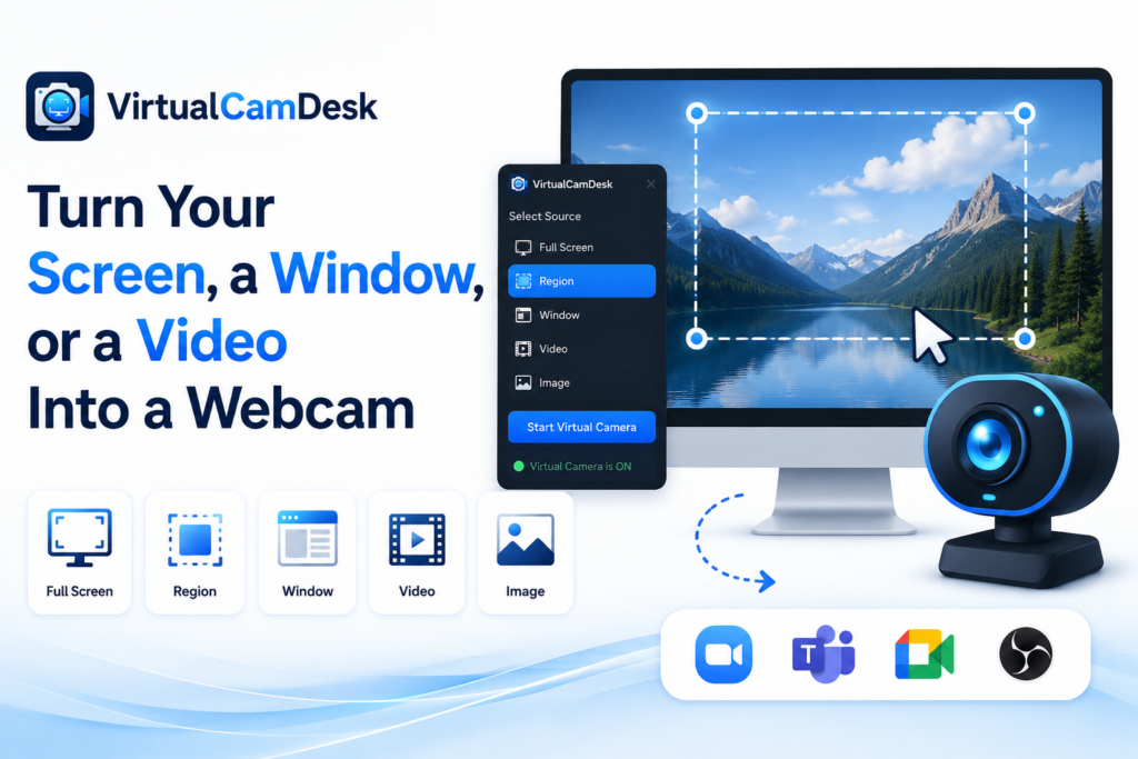 VirtualCamDesk: Turn Your Screen, a Window, or a Video Into a Webcam