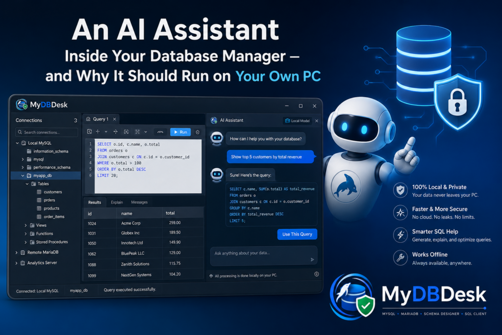 An AI Assistant Inside Your Database Manager — and Why It Should Run on Your Own PC
