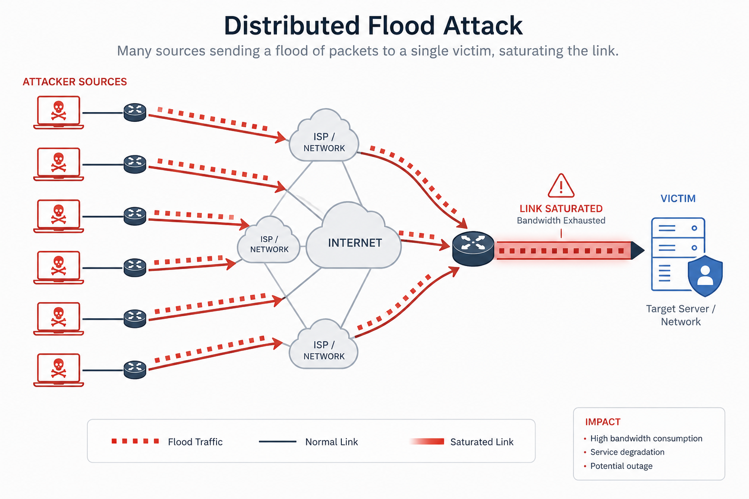 Diagram of a distributed flood attack with many attacker sources sending flood traffic through ISP networks to saturate a single victim's link