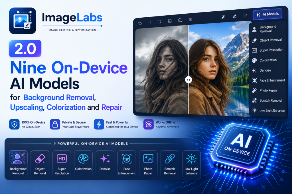 ImageLabs 2.0: Nine On-Device AI Models for Background Removal, Upscaling, Colorization and Repair