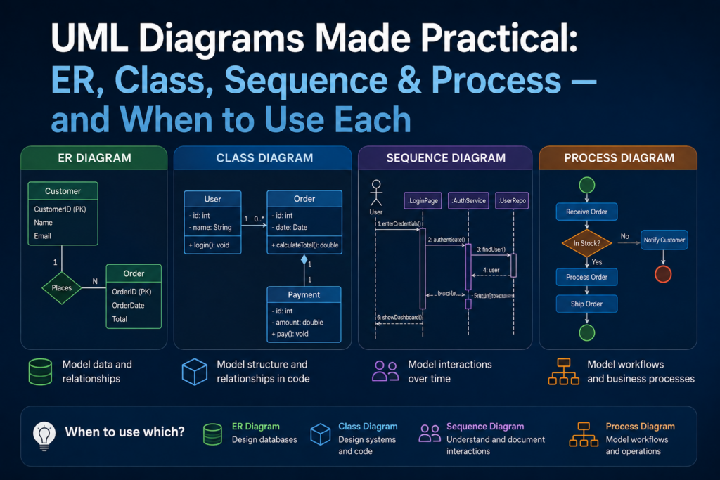 UML Diagrams Made Practical: ER, Class, Sequence and Process — and When to Use Each