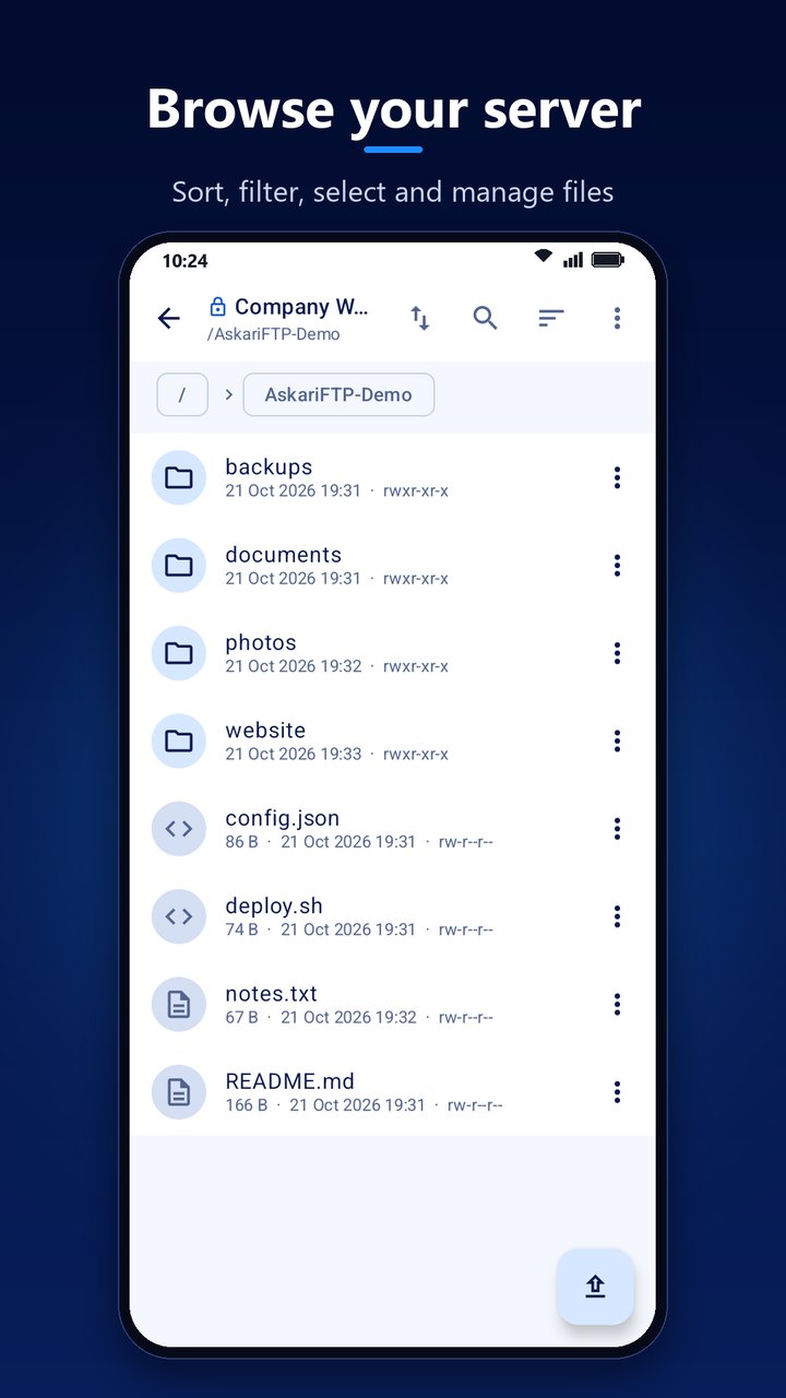 AskariFTP's file browser listing folders and files on a server, each with its size, date and permissions, under a breadcrumb path