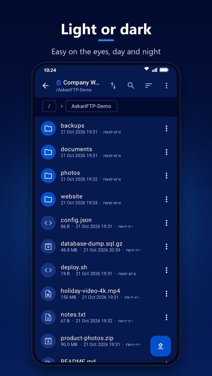 AskariFTP's file browser in the dark theme