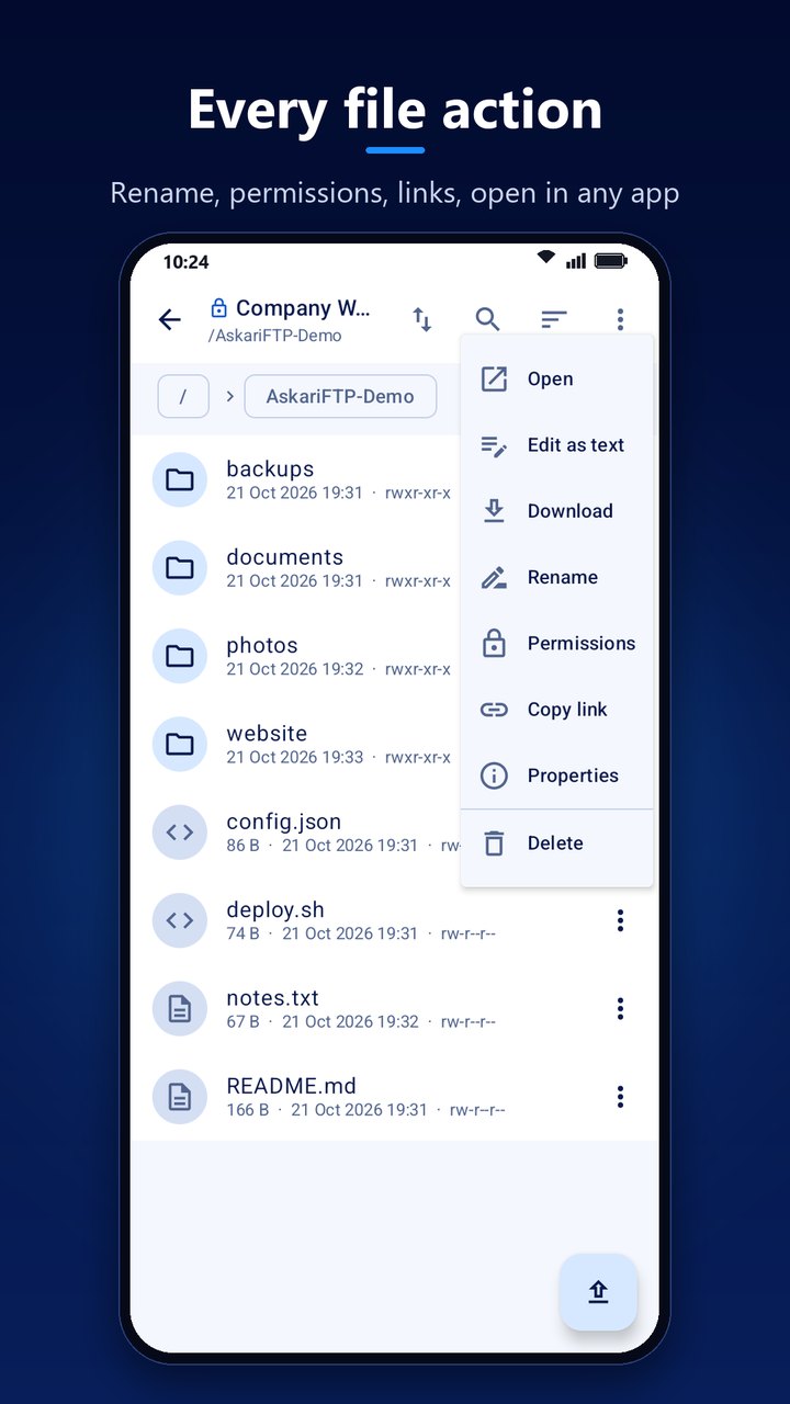 AskariFTP's file menu with Open, Edit as text, Download, Rename, Permissions, Copy link, Properties and Delete