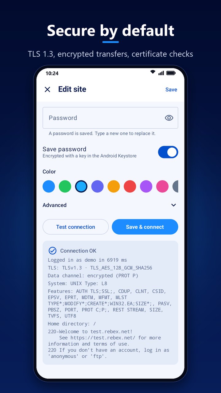 AskariFTP's Edit site screen with a Connection OK result showing TLS 1.3, the cipher, an encrypted data channel and the server's features