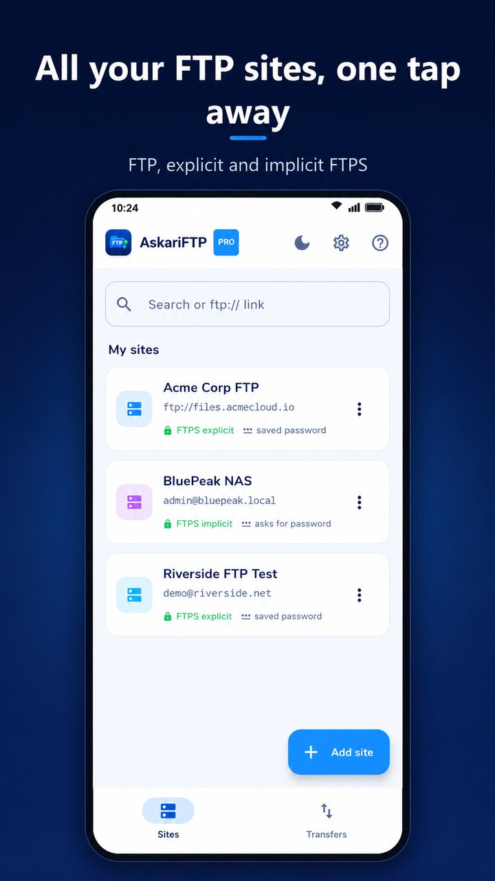 AskariFTP's site list in the light theme, with a search or ftp:// link box above three saved sites, each showing its protocol and whether its password is saved