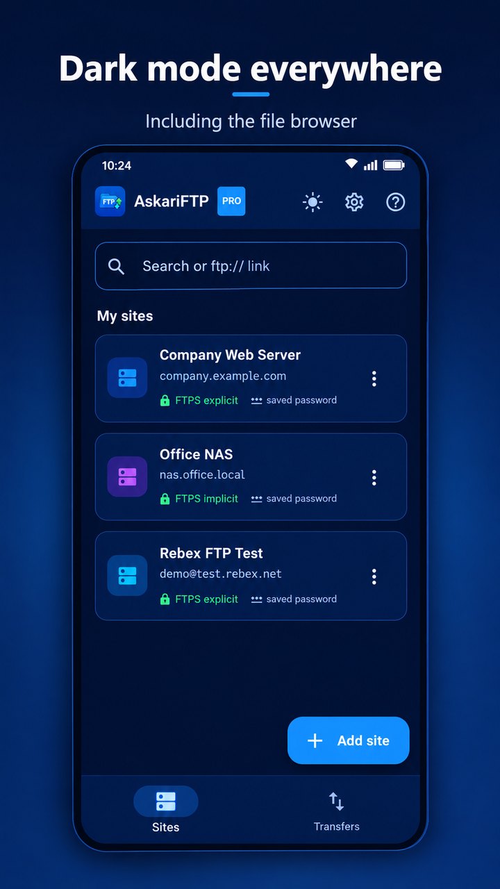 AskariFTP's site list in the dark theme with three saved sites