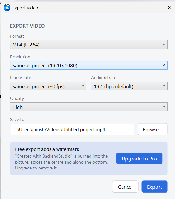 BackendStudio export dialog showing MP4 H.264 format, project resolution, 30 fps, 192 kbps audio and High quality