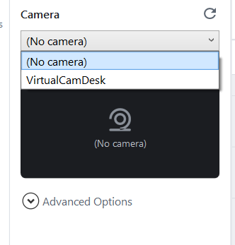 BackendStudio Camera dropdown listing the available webcam devices, with the camera preview panel below