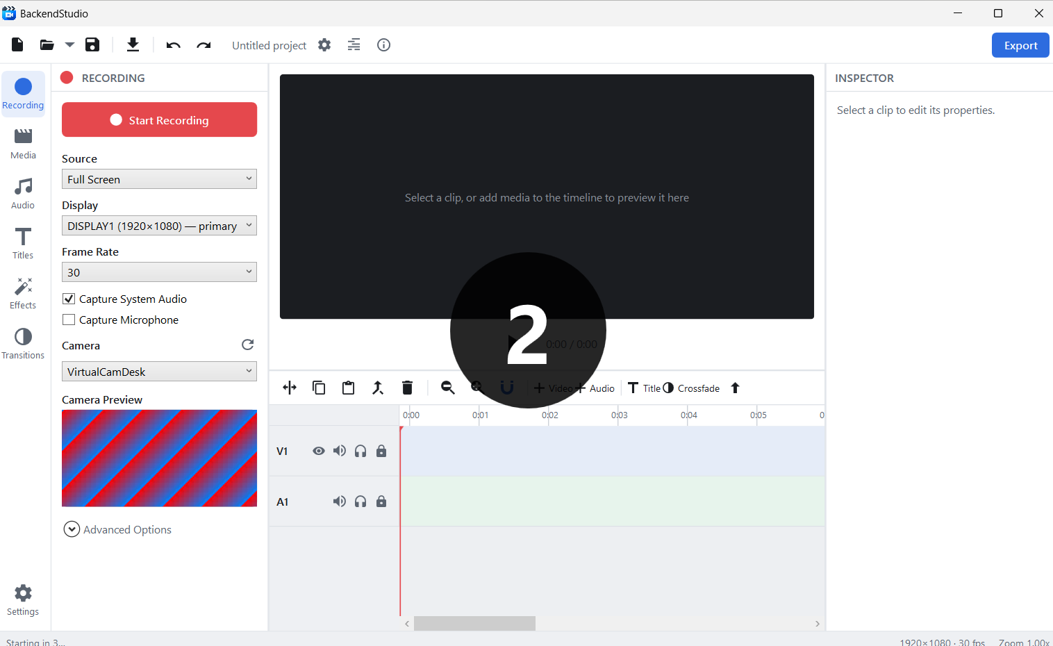 BackendStudio counting down before recording starts, with the camera preview live in the left panel