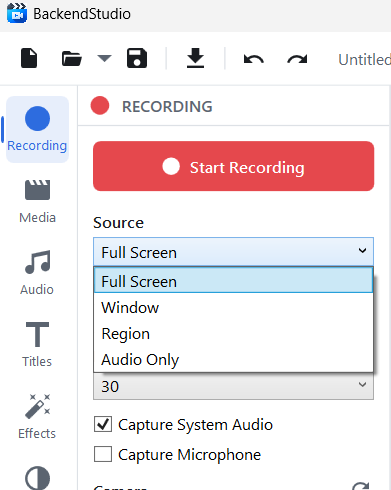 BackendStudio Source dropdown open, showing Full Screen, Window, Region and Audio Only options