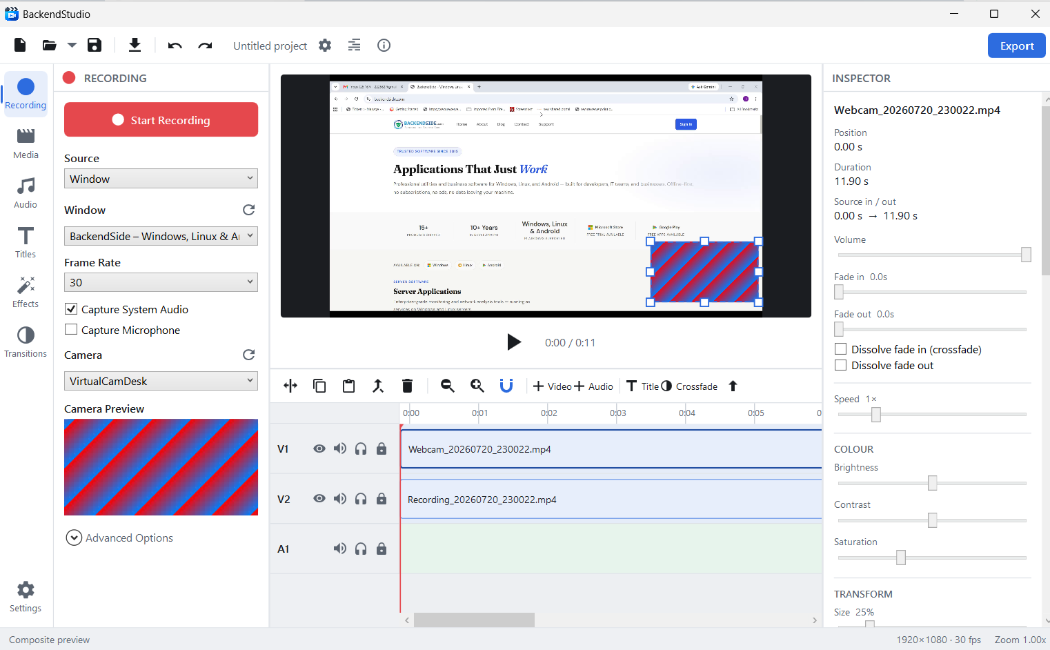 BackendStudio showing a screen recording with a webcam overlay in the bottom-right corner, both clips stacked on the timeline and the Inspector open