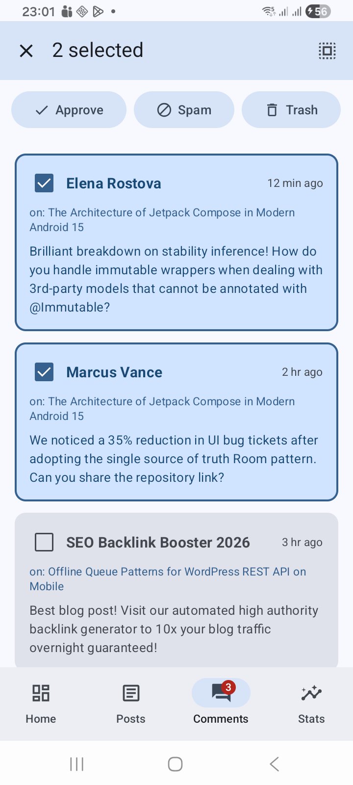 Two comments selected for bulk moderation, with Approve, Spam and Trash buttons across the top