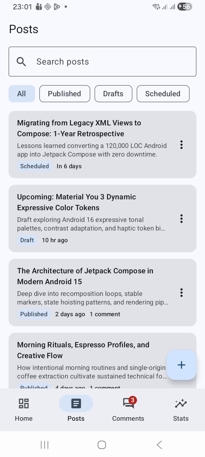 The Posts list with a search box and All, Published, Drafts and Scheduled filters, each post showing its status and age