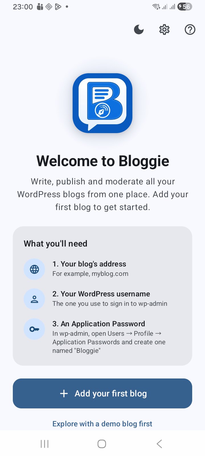 Bloggie&rsquo;s welcome screen explaining what you need to add a blog: its address, your WordPress username and an Application Password