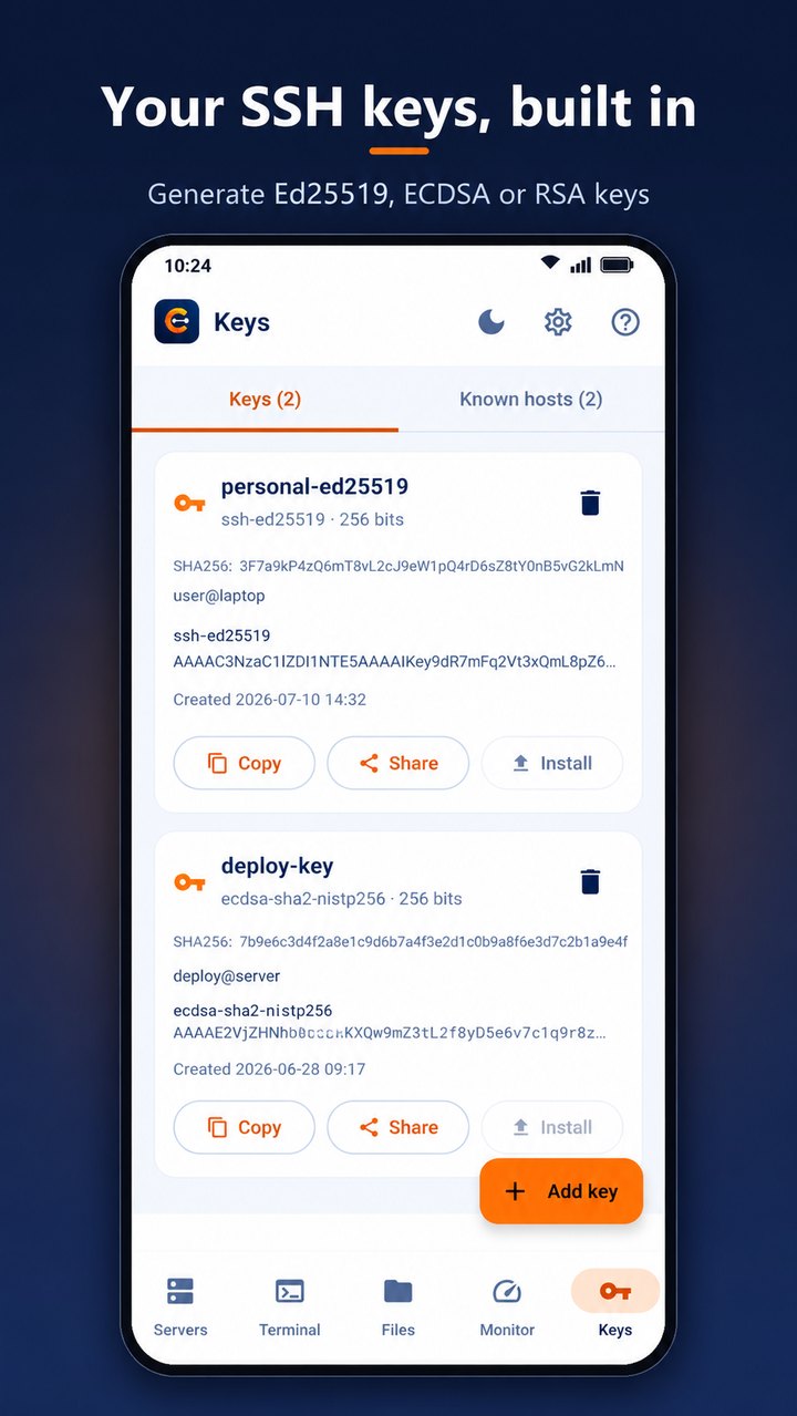 Centra's Keys tab listing an Ed25519 and an ECDSA key, each with its fingerprint, public key and Copy, Share and Install buttons, plus an Add key button