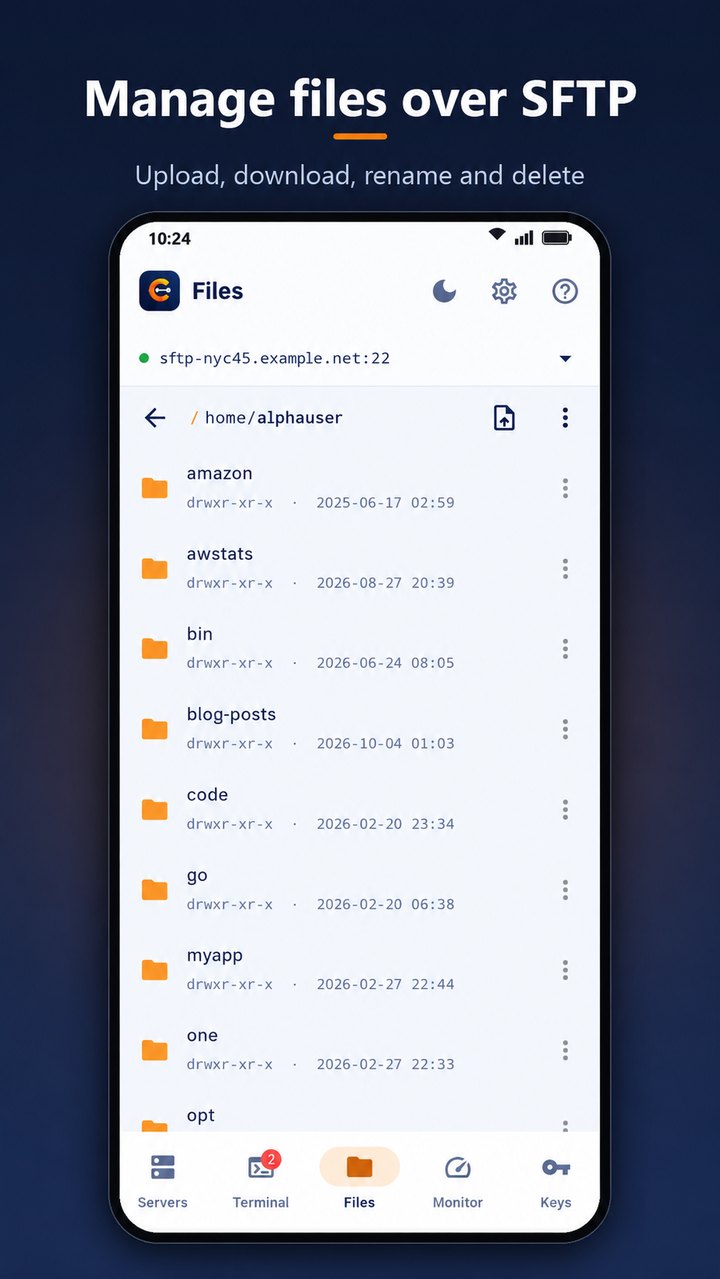 Centra's SFTP file manager listing folders in a remote home directory, each with its permissions and modification date