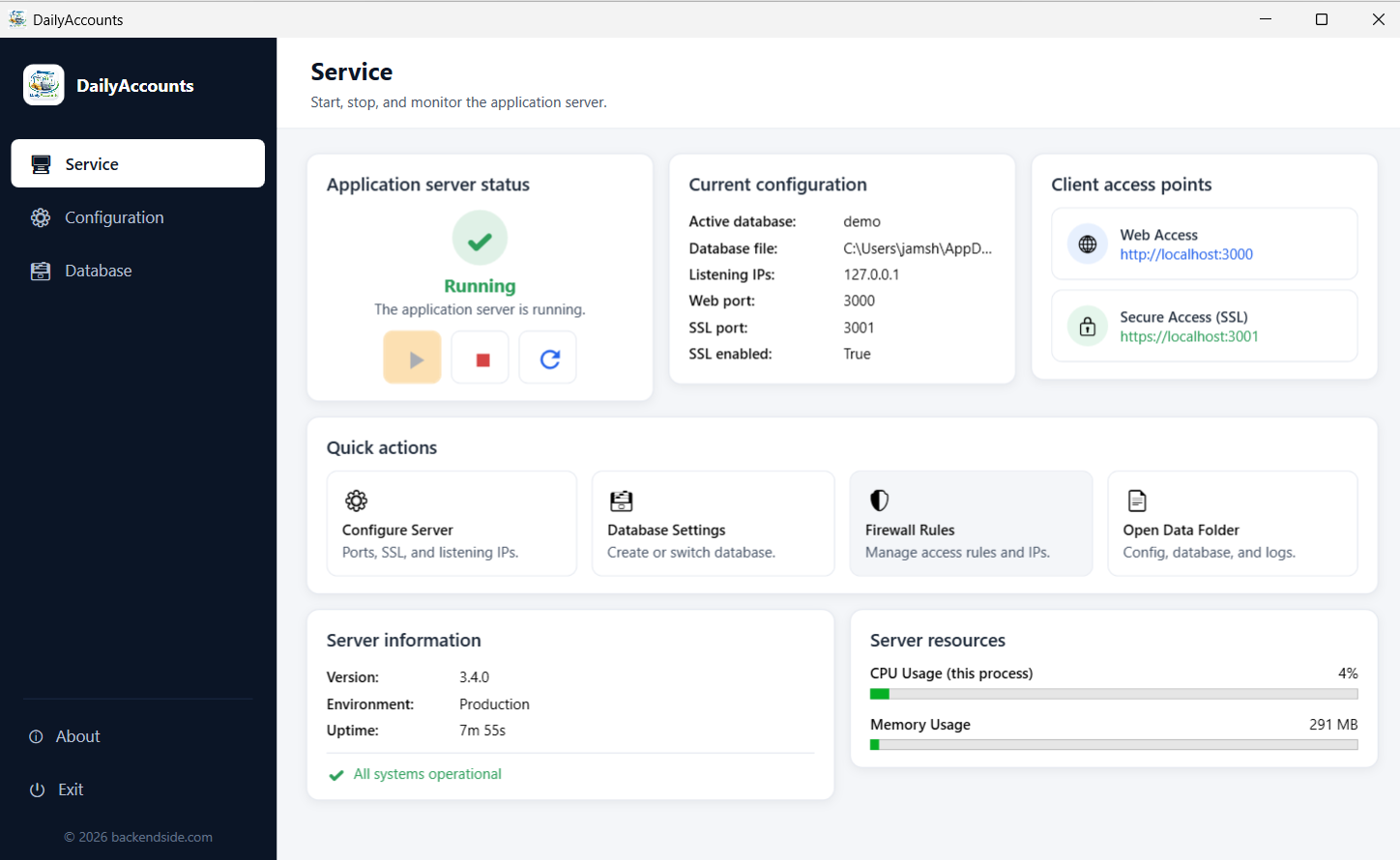 The DailyAccounts admin window on the Service tab showing the server running, the active database, listening address, web and SSL ports, and the client access links