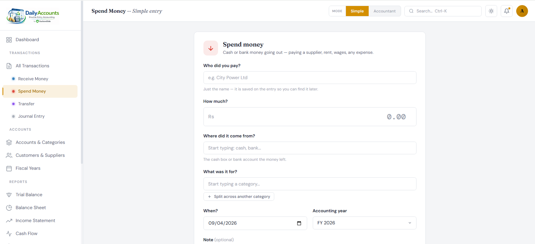 The Spend Money guided screen asking who you paid, how much, which cash or bank account it came from and what it was for