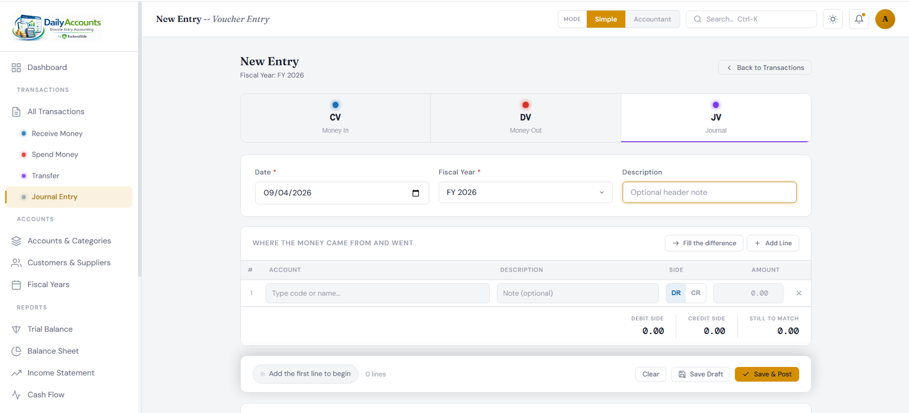 The voucher entry grid with CV, DV and JV tabs, per-line account, description, DR or CR side and amount, and running debit, credit and still-to-match totals
