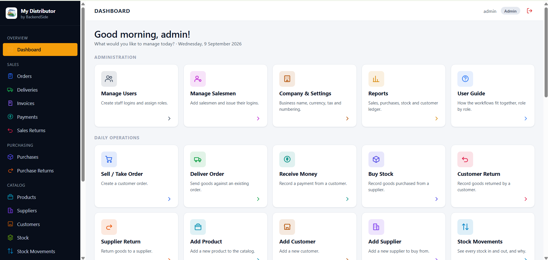 The admin dashboard with an Administration group of tiles — Manage Users, Manage Salesmen, Company and Settings, Reports, User Guide — above a Daily Operations group with Sell / Take Order, Deliver Order, Receive Money, Buy Stock and Customer Return