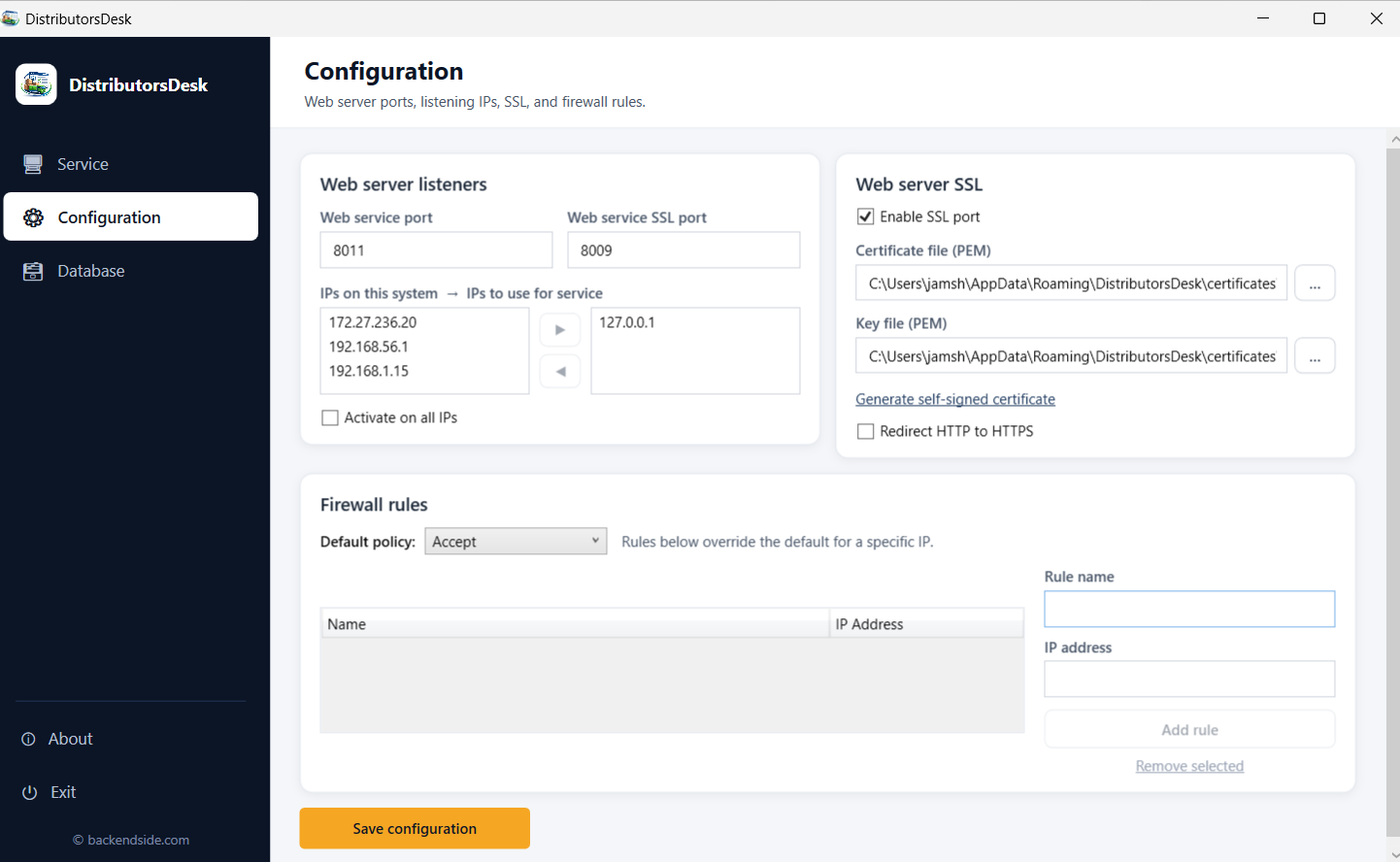 The Configuration tab with web service ports, listening IP selection, SSL certificate and key files with a redirect-HTTP-to-HTTPS option, and firewall rules by IP address