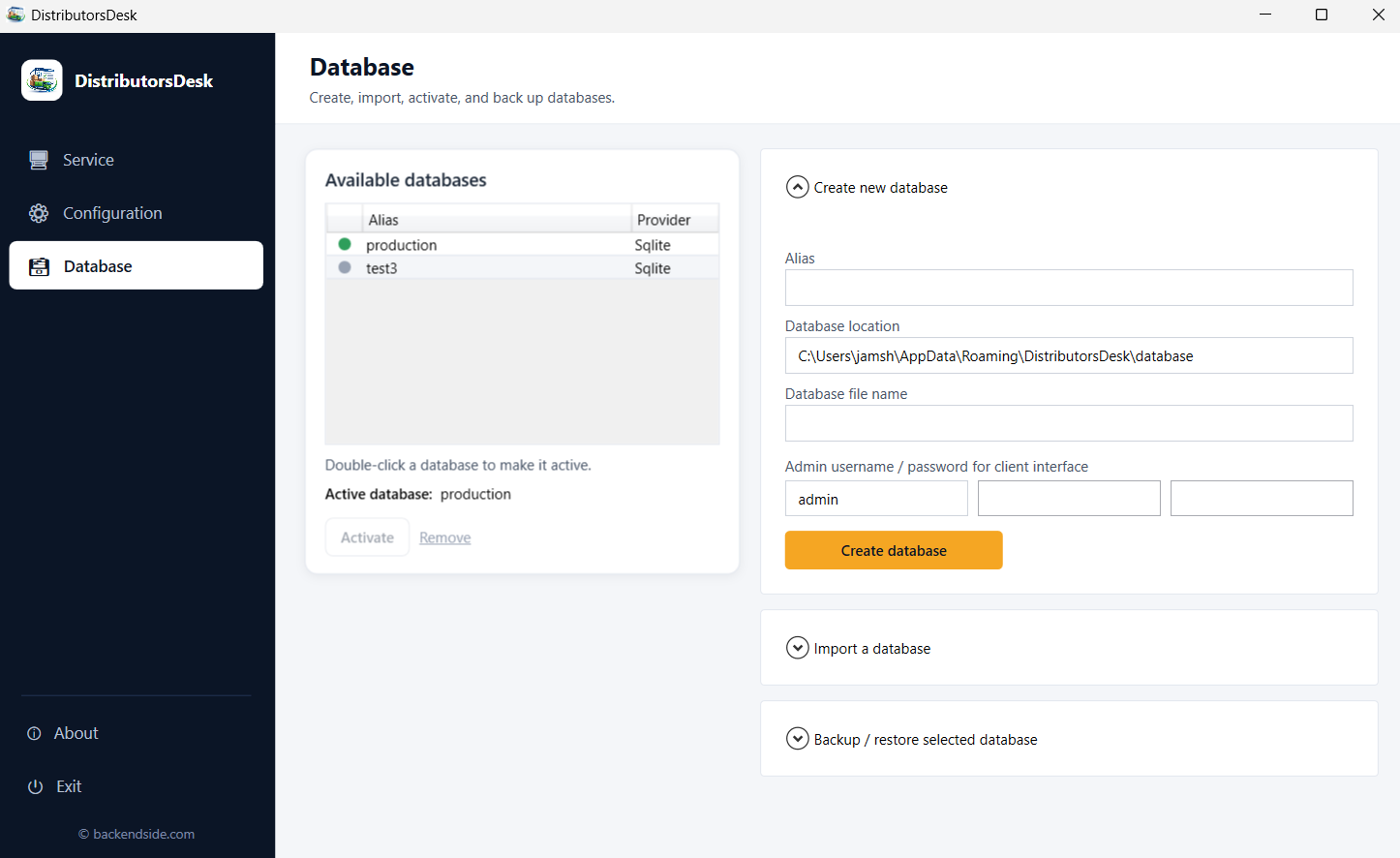 The Database tab listing available databases with the active one marked, a Create New Database form with alias, location, file name and initial admin login, and collapsed panels for importing a database and backing up or restoring the selected one