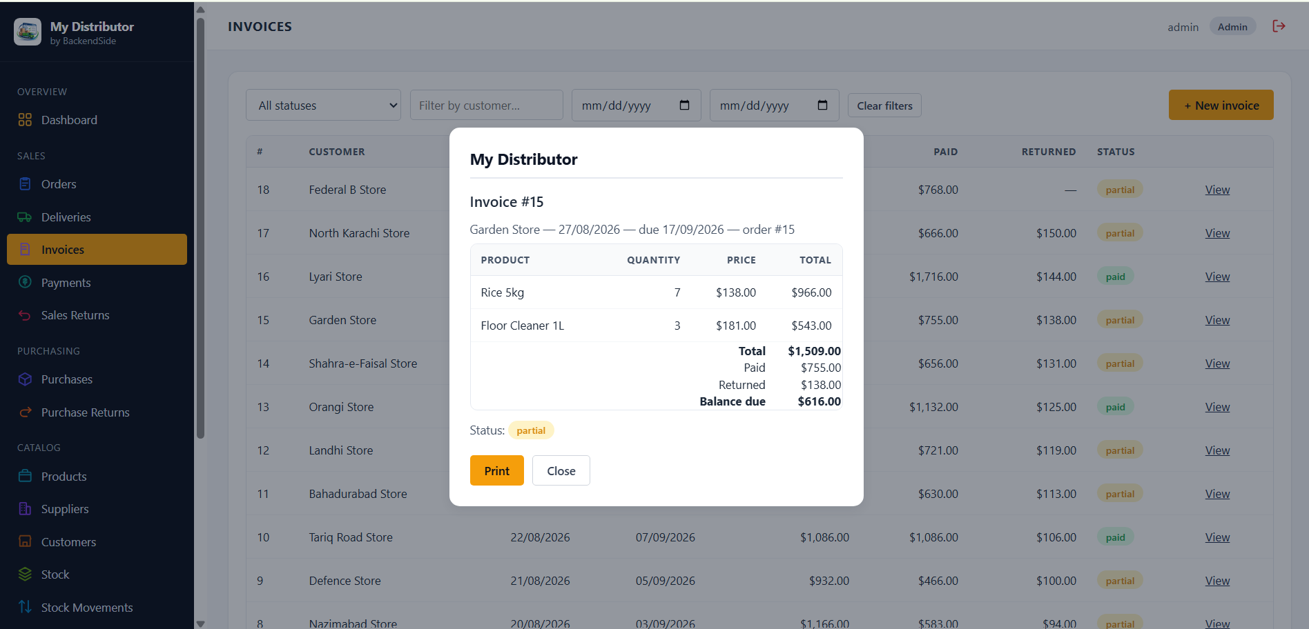 A printable invoice document opened from the Invoices list, headed with the company name and showing the customer, dates, line items, total, paid, returned and balance due, with a Print button