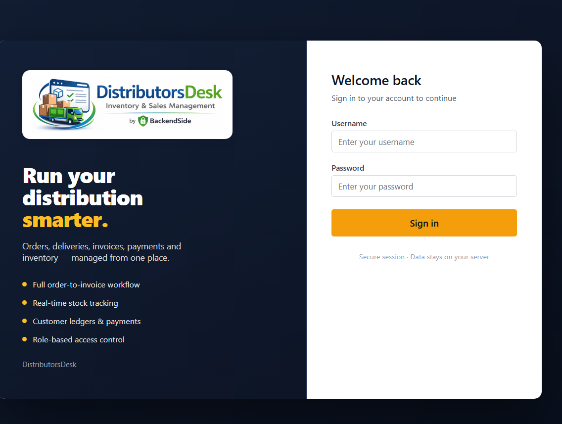 The browser login page: a dark panel carrying the full DistributorsDesk brand header, the line Run your distribution smarter and four highlights, beside a white sign-in card with username and password fields