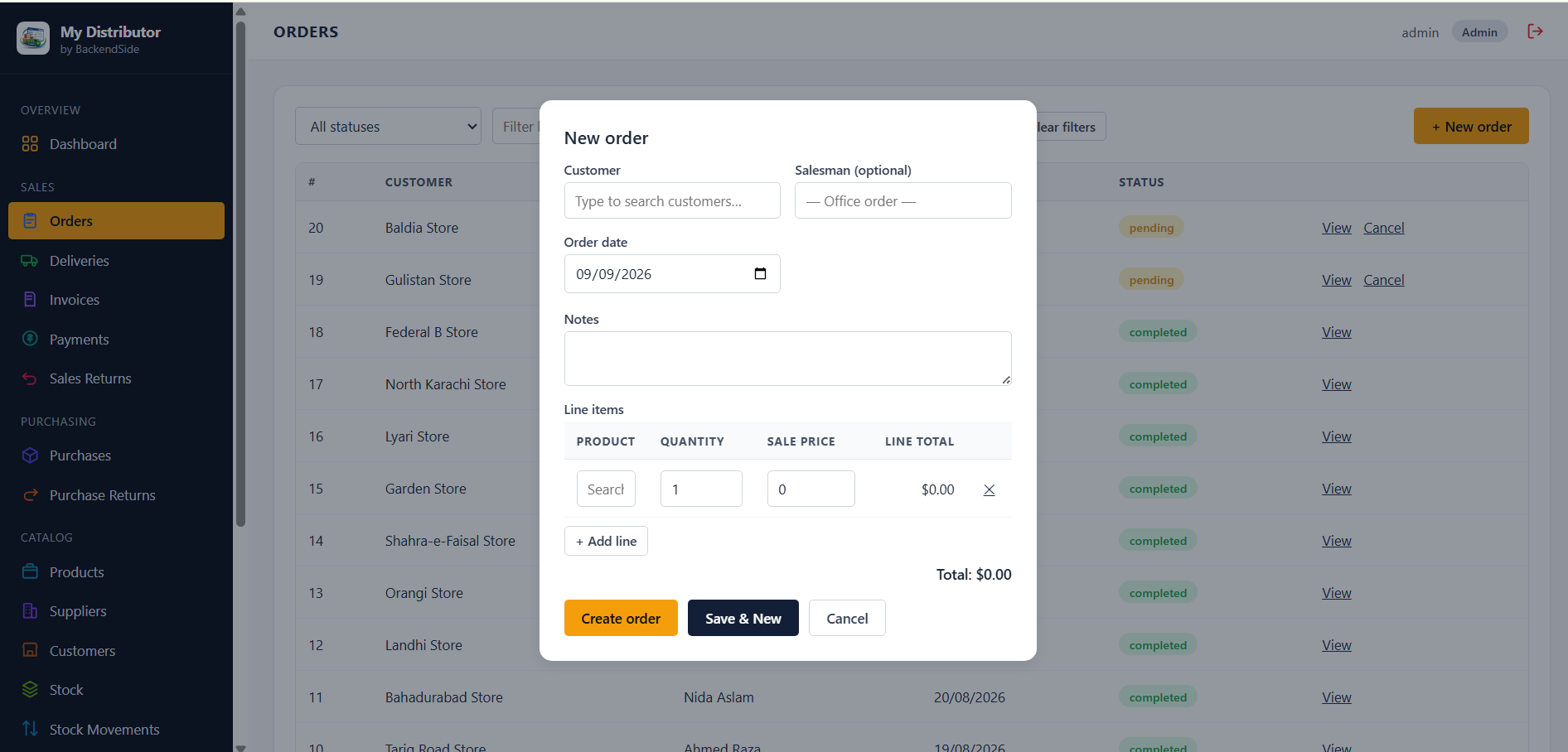 The New Order dialog over the Orders list, with customer search, optional salesman, order date, notes and line items, and Create Order, Save and New, and Cancel buttons