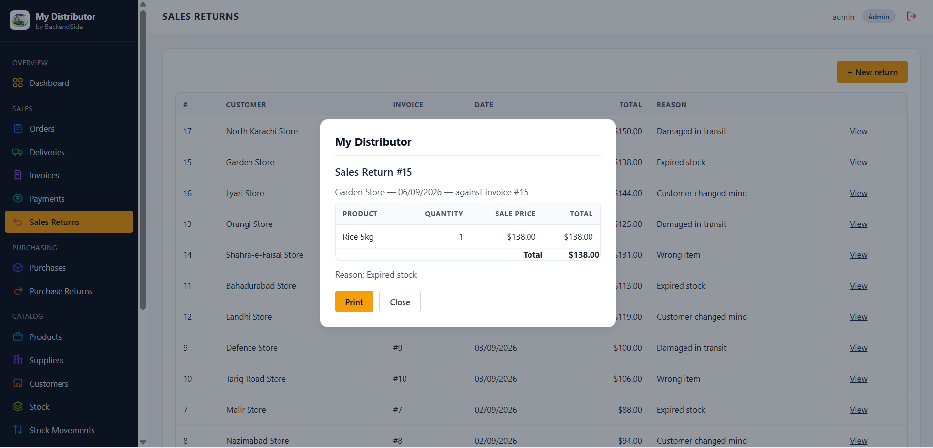 A printable sales return document opened from the Sales Returns list, showing the customer, the invoice it is filed against, the returned line and its total, and the reason, with a Print button