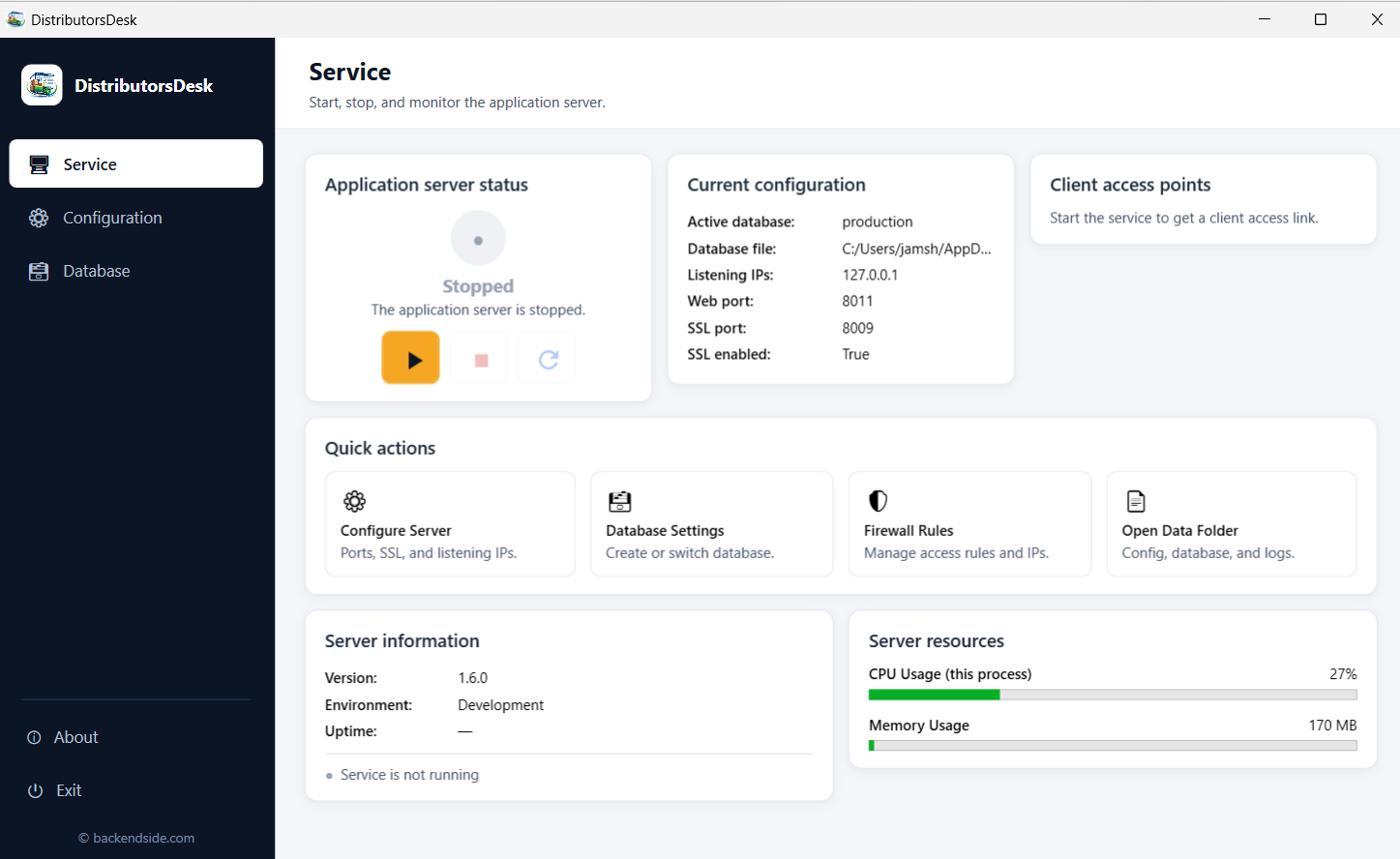 The Service tab showing the application server stopped, current configuration (active database, listening IP, web and SSL ports), quick actions for server, database, firewall and data folder, and server information reading version 1.6.0