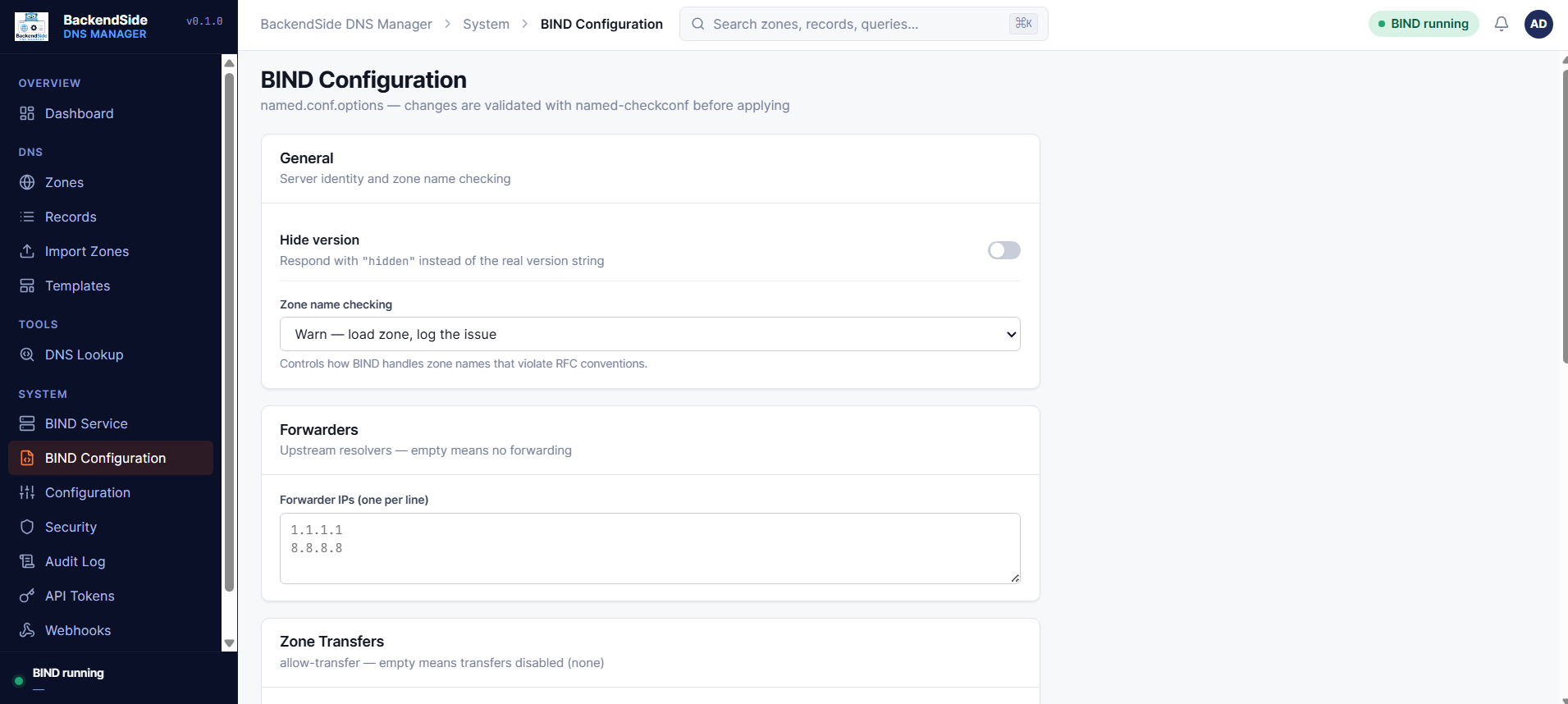 BIND configuration editor