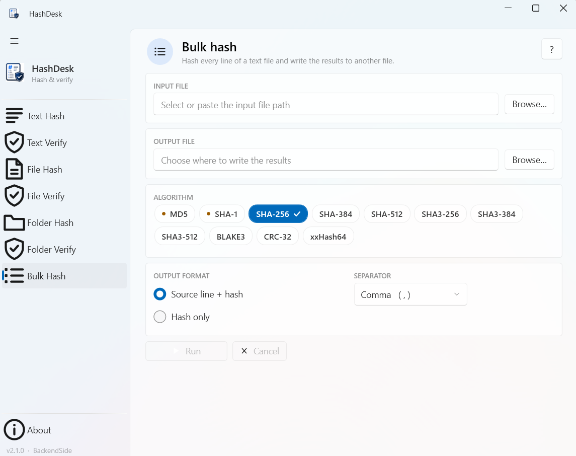 HashDesk Bulk Hash page with input and output files, output format and separator