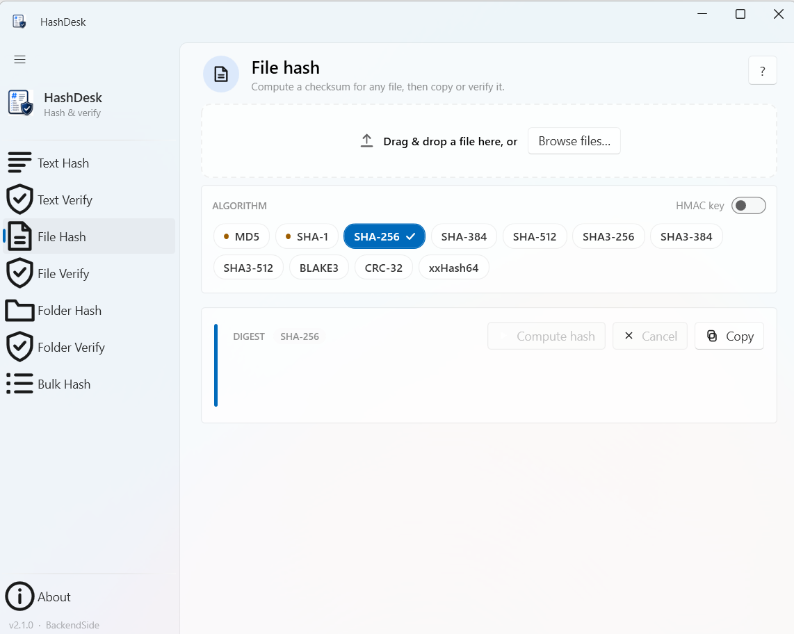 HashDesk File Hash page with a drag-and-drop zone, algorithm chips and Compute hash button