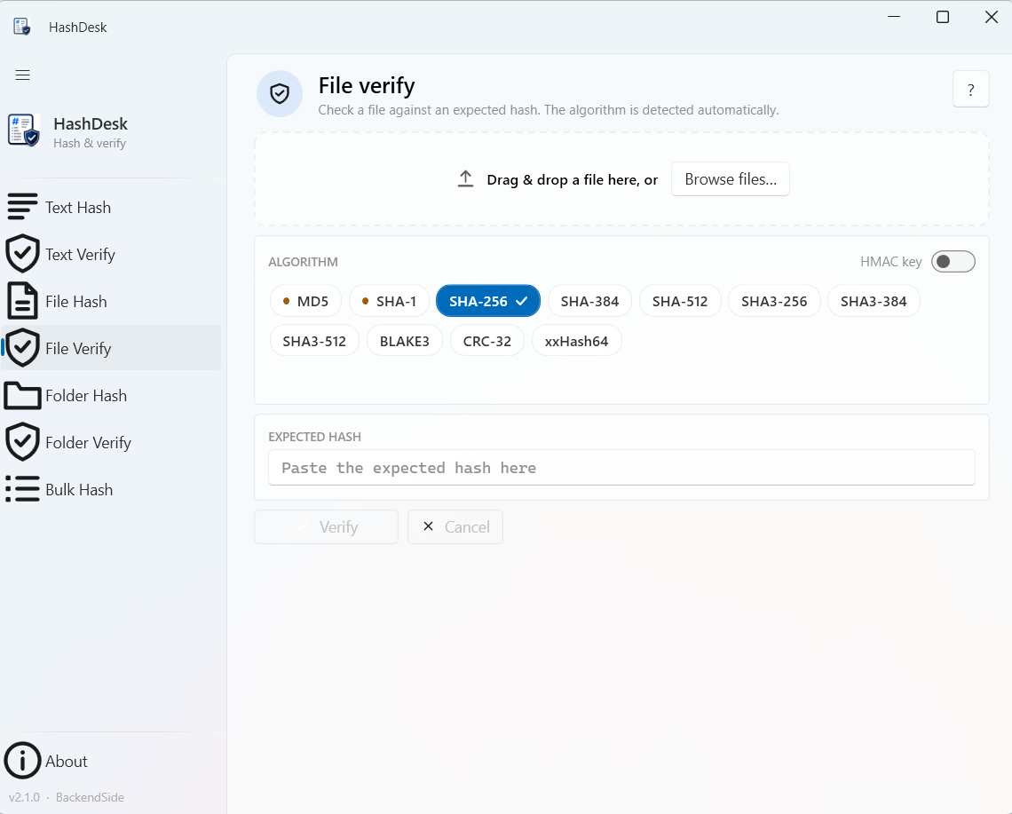 HashDesk File Verify page with a drop zone and expected-hash field