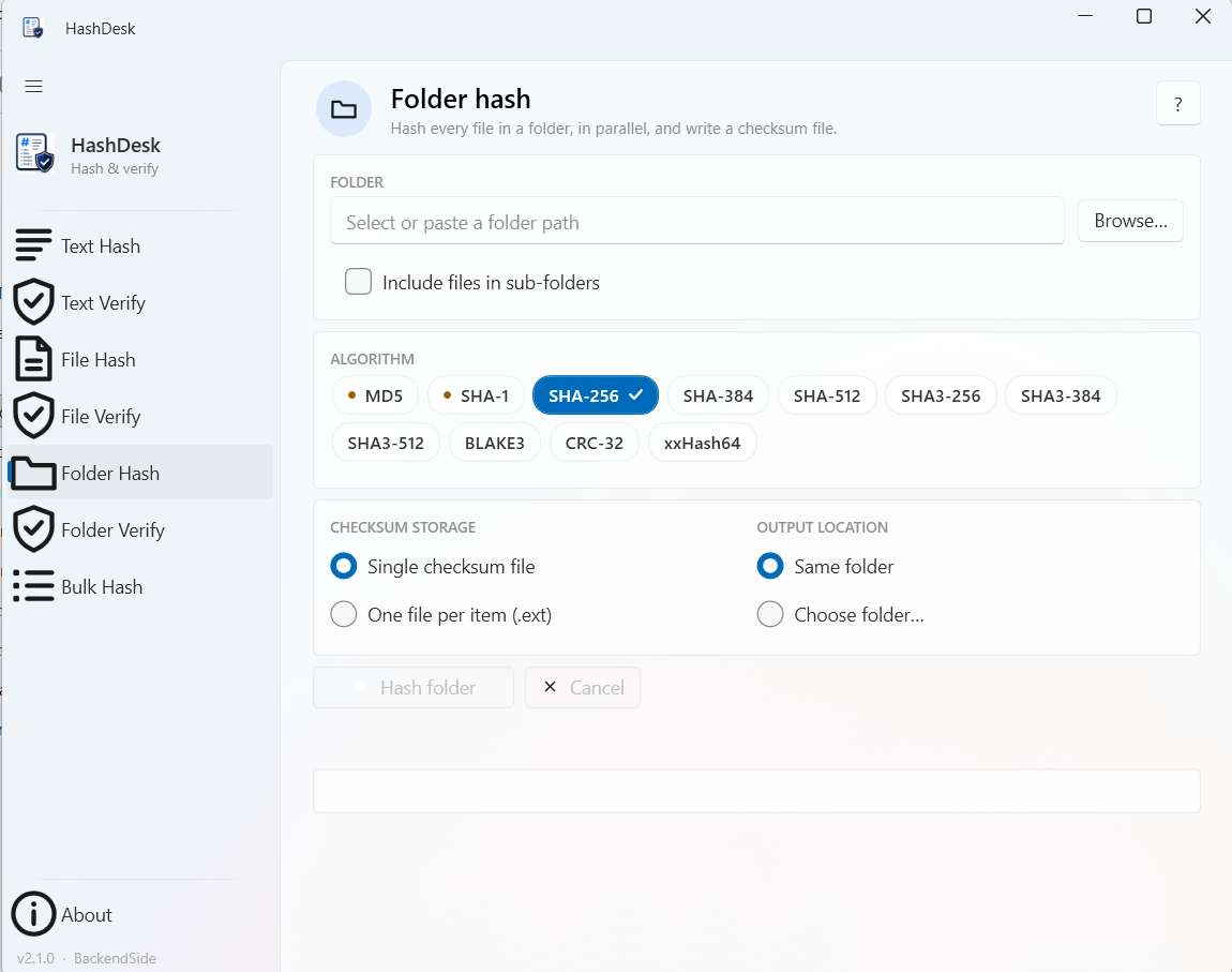 HashDesk Folder Hash page with sub-folder option, checksum storage and output location choices