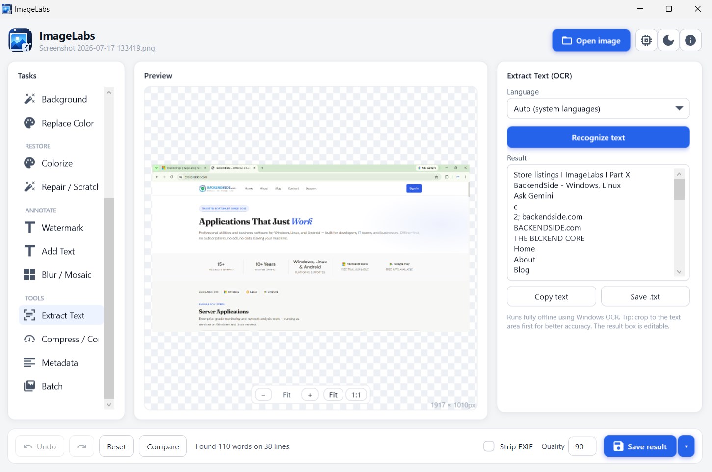 The Extract Text task open on a screenshot of a web page: a language list set to Auto, a Recognize text button, and an editable result box holding the text lifted out of the image, with Copy text and Save .txt buttons beneath it and a status line reading Found 110 words on 38 lines
