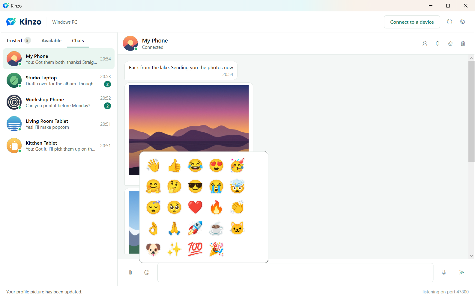 The Kinzo sticker picker open over a conversation, showing a grid of 24 stickers including a waving hand, thumbs up, heart, fire, rocket, coffee cup, cat and dog