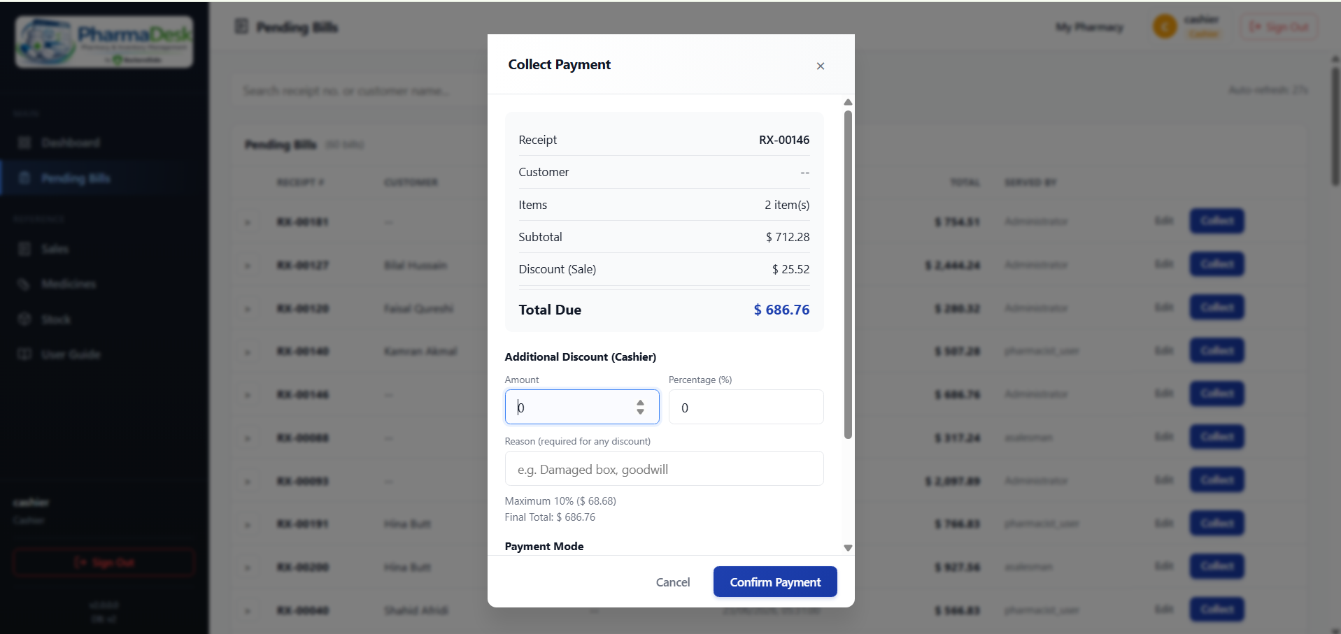 The Collect Payment dialog on a pending bill showing receipt number, item count, subtotal, sale discount and total due, an additional cashier discount by amount or percentage with a required reason and a stated maximum, and a payment mode selection