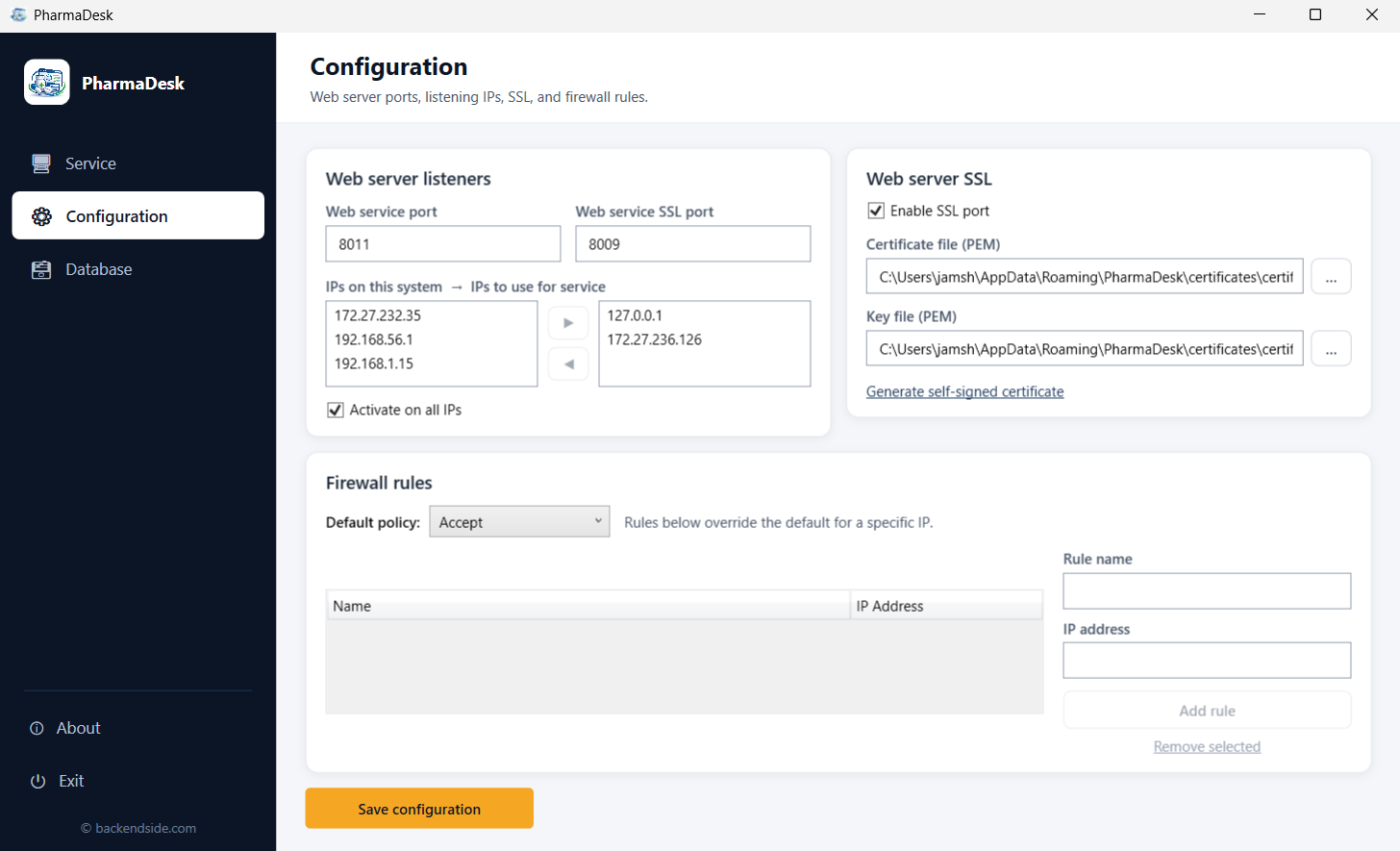The server window's Configuration tab with web service and SSL ports, a picker moving addresses from the ones on this system to the ones the service listens on, an activate-on-all-addresses option, certificate and key files with a generate-self-signed-certificate link, and firewall rules by address