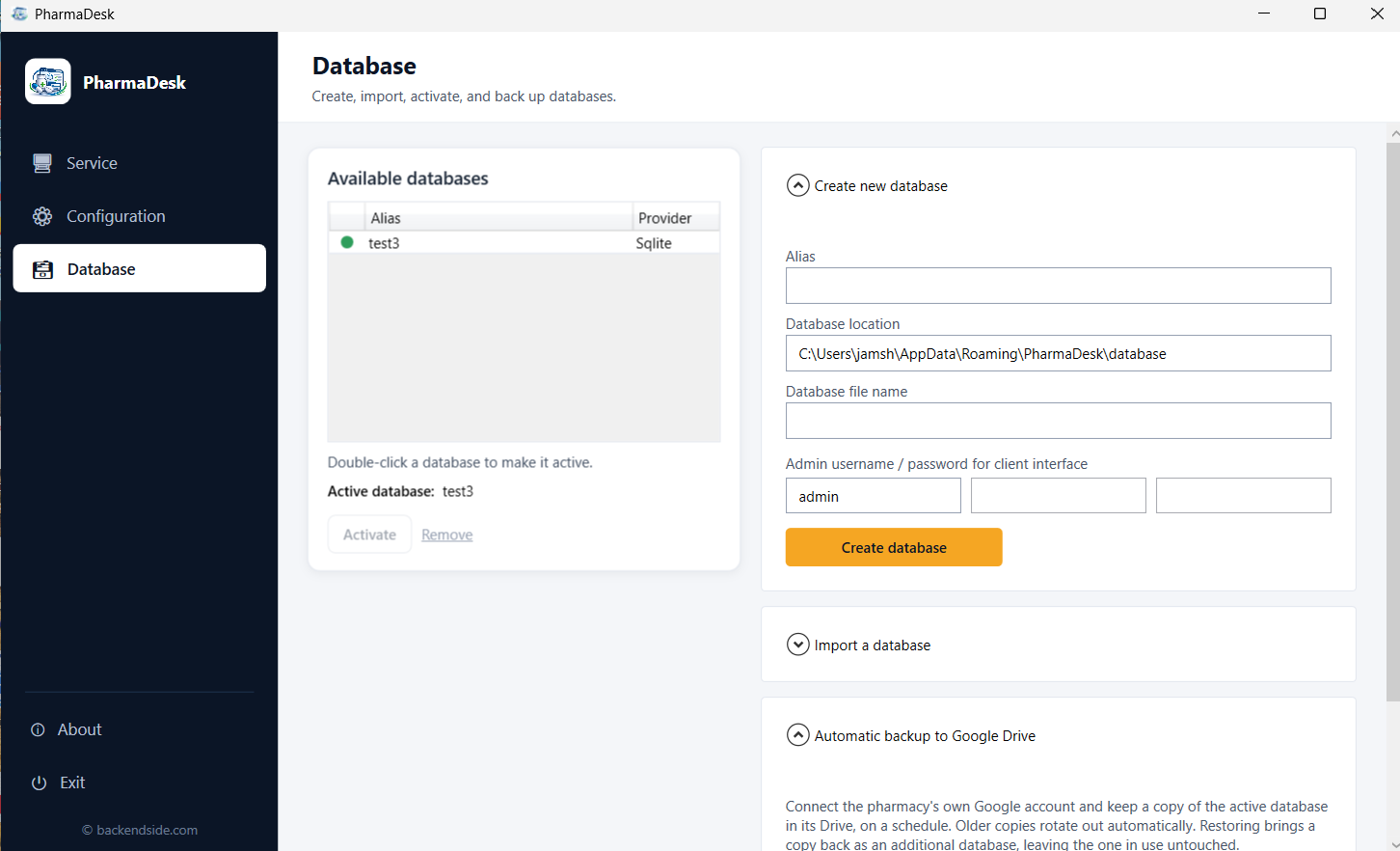 The server window's Database tab listing available databases with the active one marked, a create-new-database form with alias, location, file name and initial admin login, an import section, and the automatic backup to Google Drive panel