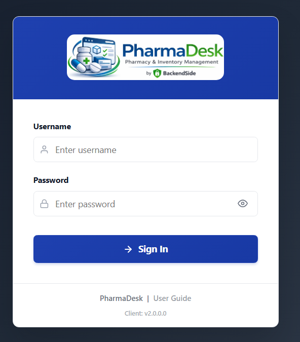 The PharmaDesk browser sign-in card with username and password fields, a show-password toggle, a Sign In button, and a link to the built-in user guide