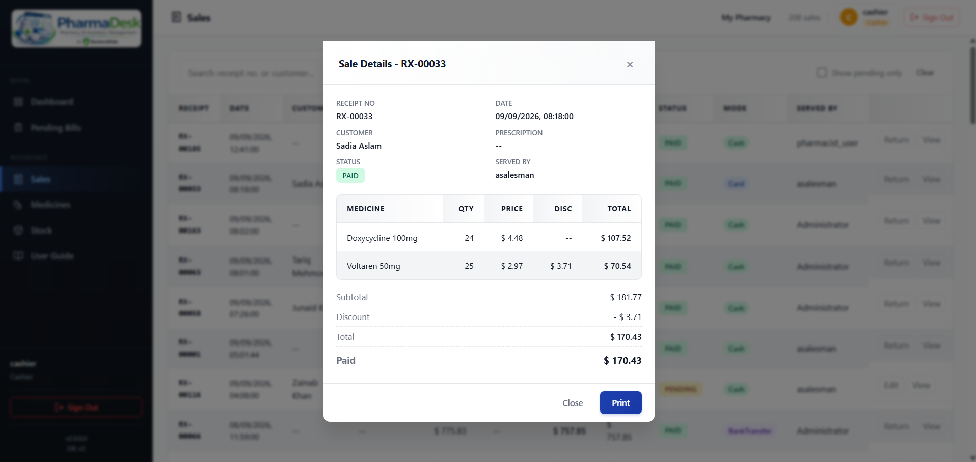 A sale details dialog for receipt RX-00033 showing date, customer, paid status and who served it, with each medicine's quantity, price, discount and line total, then subtotal, discount, total and amount paid, and a Print button
