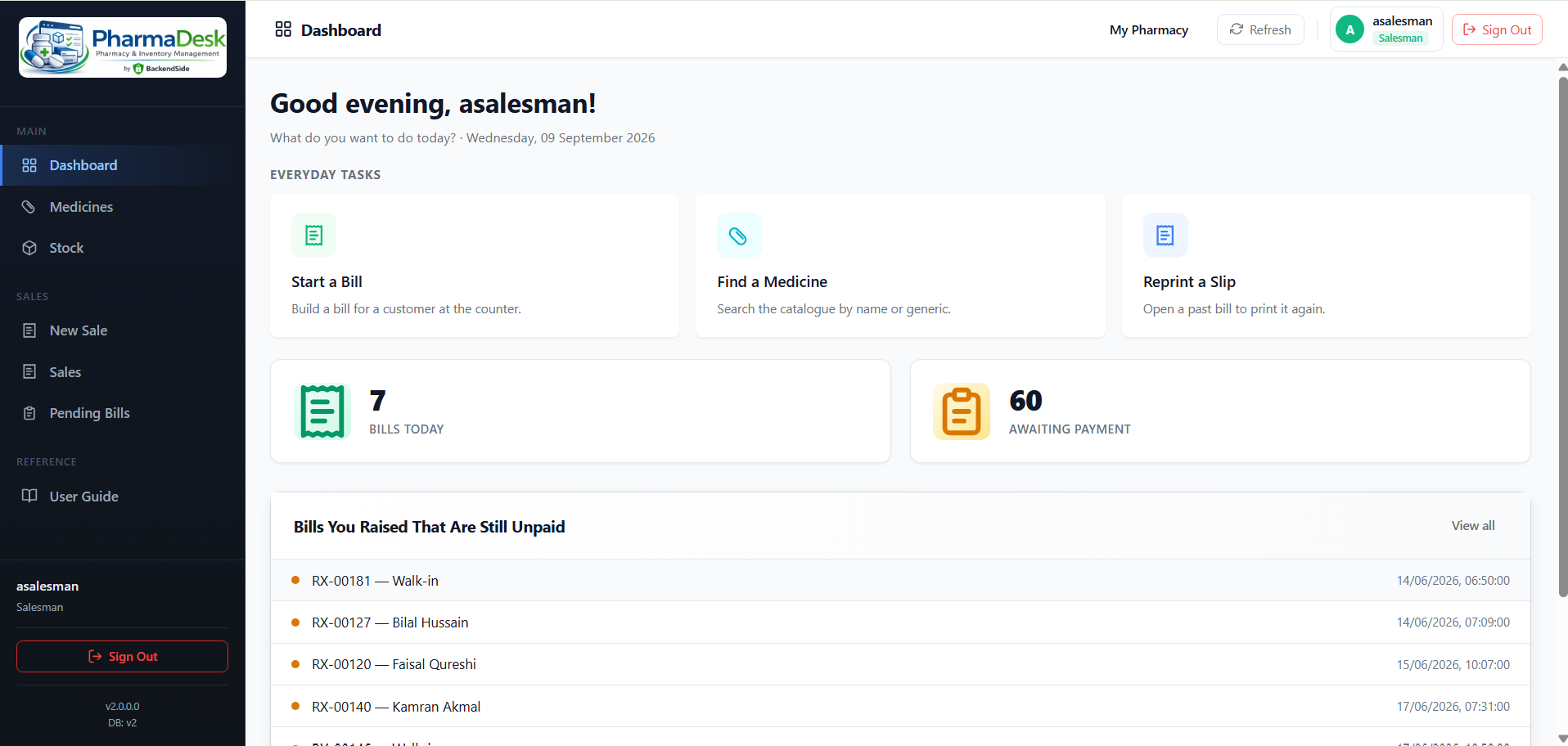 The salesman dashboard with tiles for starting a bill, finding a medicine and reprinting a slip, counts for bills today and bills awaiting payment, and a list of bills this salesman raised that are still unpaid