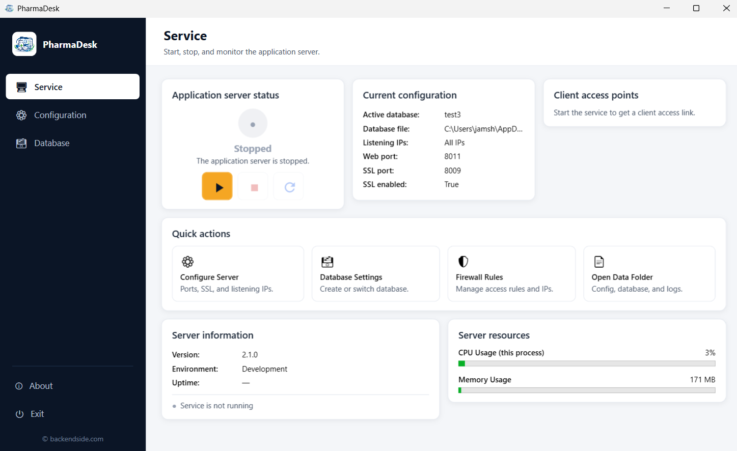 The server window's Service tab showing the application server stopped, the active database, database file, listening addresses, web and SSL ports, quick actions for server, database, firewall and data folder, and server information reading version 2.1.0