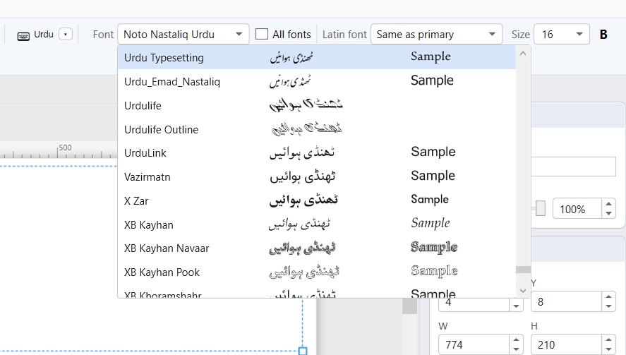 The Font list open on the format bar, each face drawn as a live Urdu Nastaliq sample of the same phrase beside its name — Urdu Typesetting, Urdu_Emad_Nastaliq, Urdulife, UrduLink, Vazirmatn, X Zar, XB Kayhan and more — with a second column showing how the same face handles English