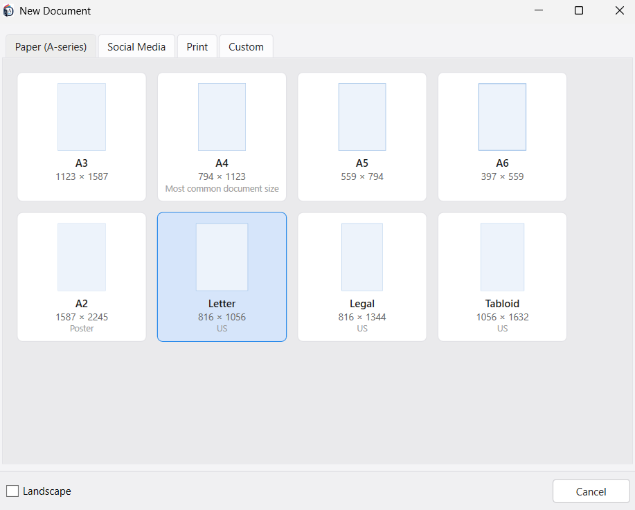 The New Document dialog on its Paper (A-series) tab, offering A3, A4 marked as the most common document size, A5, A6, A2 marked Poster, and the US sizes Letter, Legal and Tabloid, each shown as a proportioned page thumbnail with its pixel dimensions, plus a Landscape checkbox