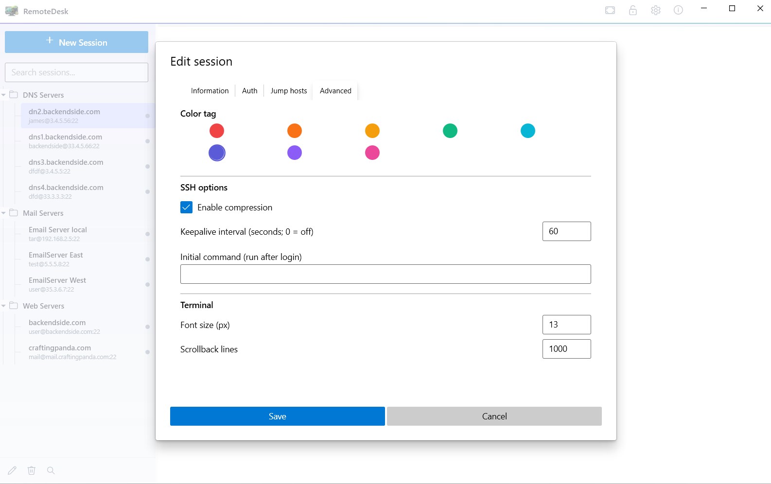 The Advanced tab of the session editor: a row of colour tags to mark the session, SSH options with a compression checkbox, a keepalive interval in seconds and an initial command to run after login, and terminal settings for font size and scrollback lines